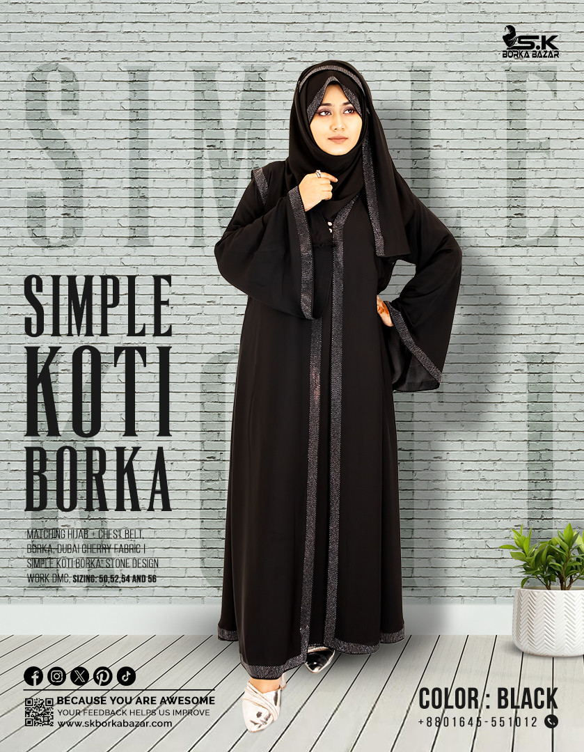 Simple Long Koti Borka Design - Black Color - S.K Borka Bazar